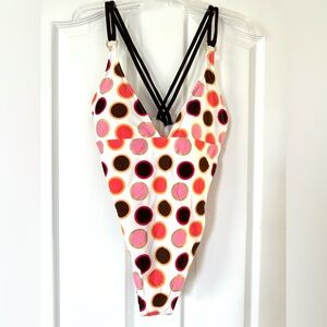 Women’s Ibiza White, Pink, Brown & Gold Polka Dot One Piece Swimsuit Size 12